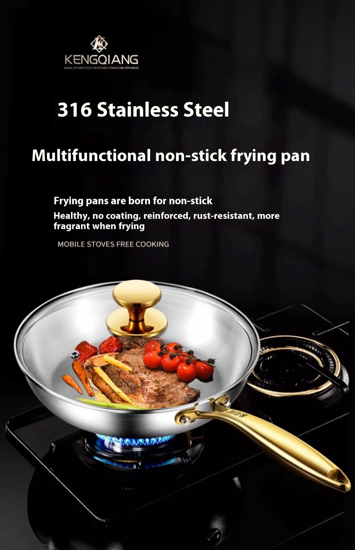 316 Stainless Steel Frying Pan angle view